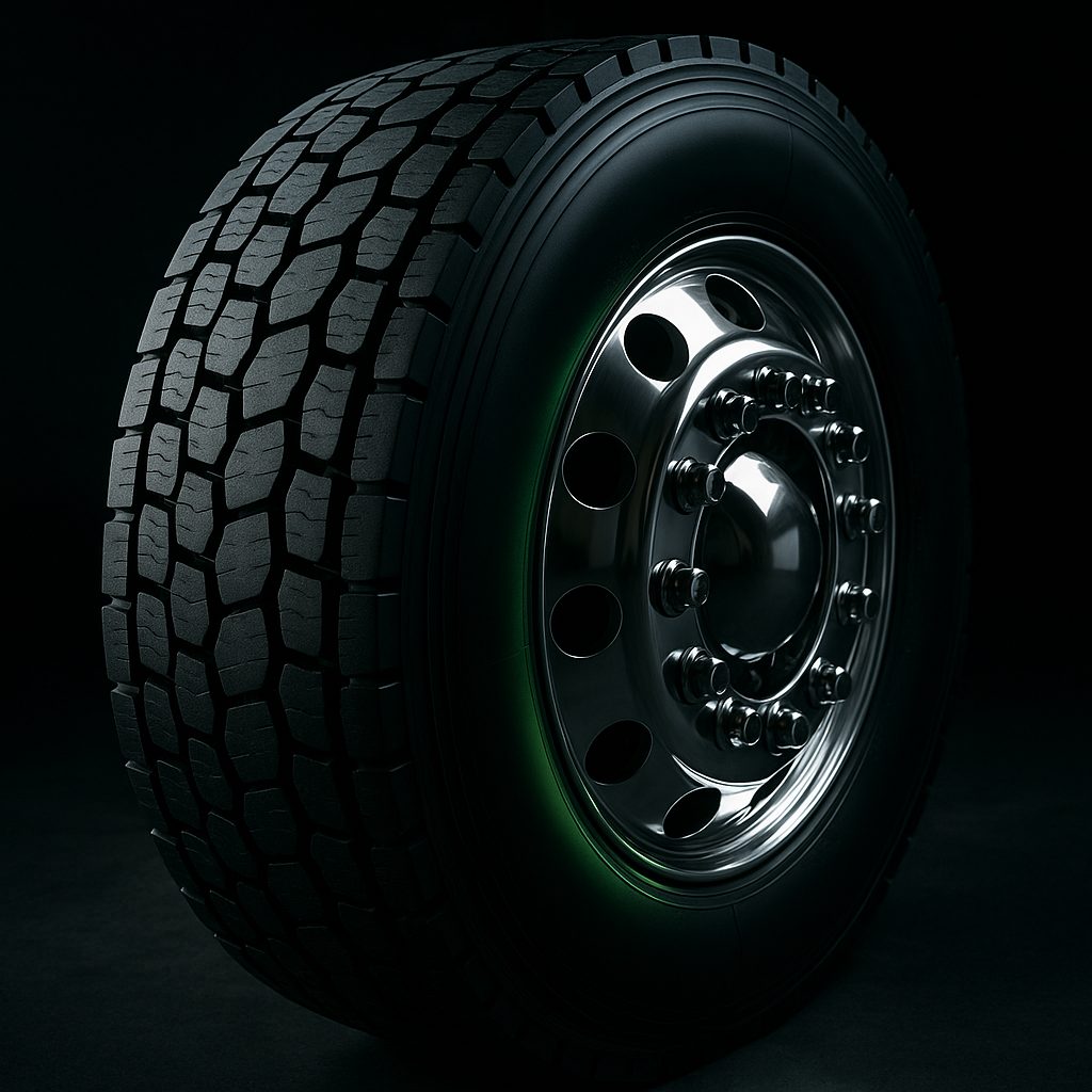 Chrome semi truck wheel with a new commercial tire