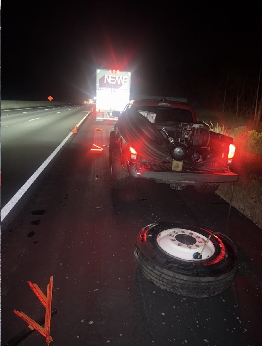 Roadside tire change on the highway shoulder at night